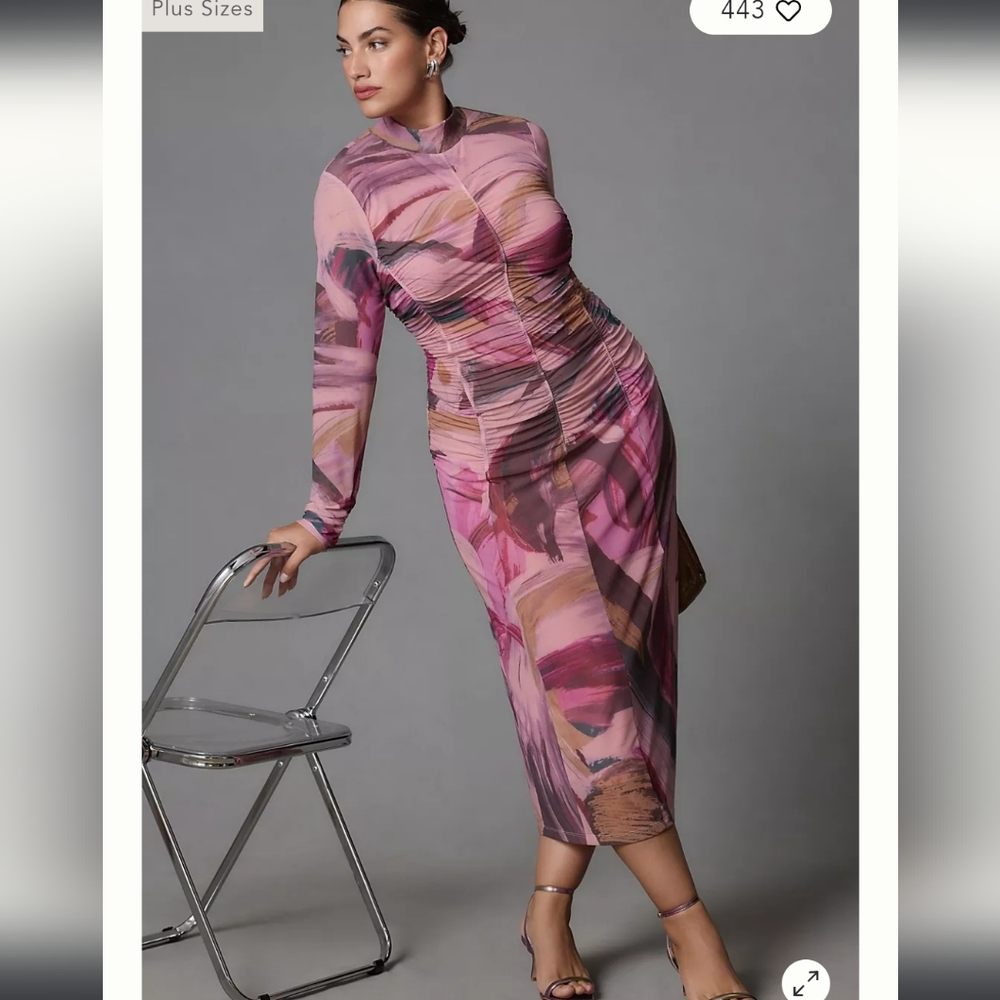 Anthropologie Printed Floral pink pull on Mesh sneath Midi Dress long sleeve XS - Picture 5 of 11
